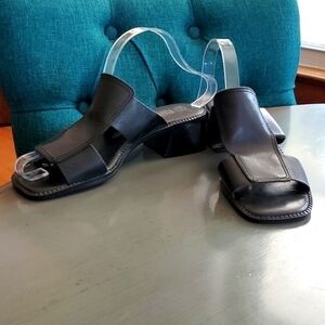 The Leather Collection- Womens Black Leather Square Toe Strappy Heels Sz.7.5